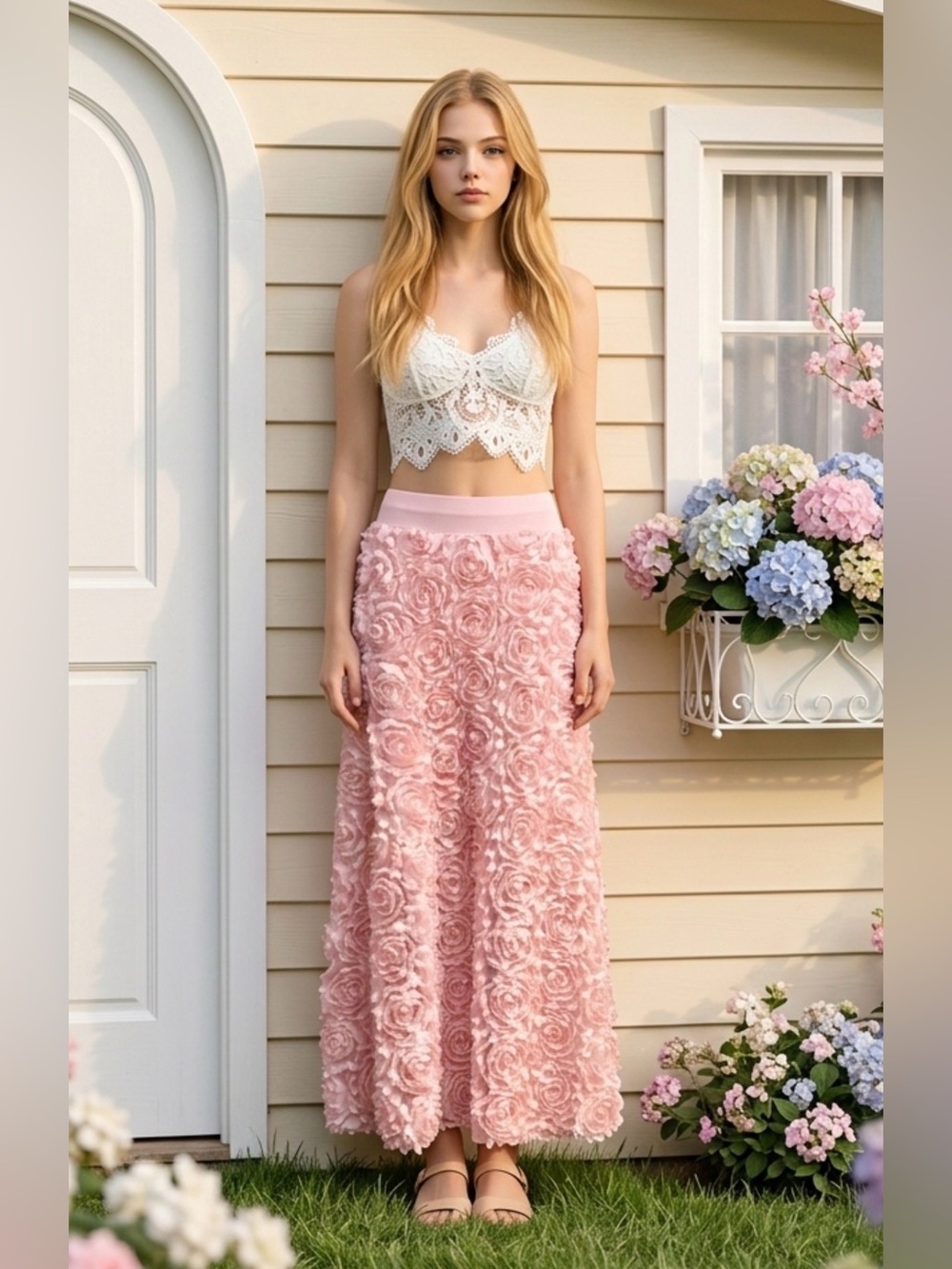 Women's Pink Floral Rosette Maxi Skirt